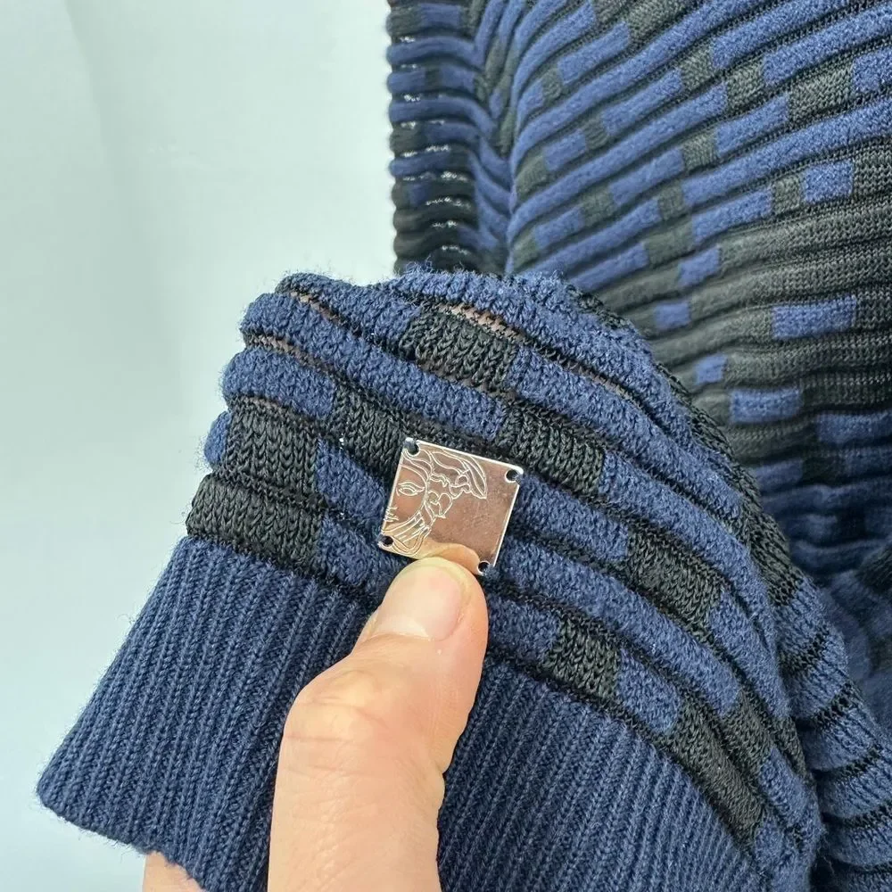 Versace Collection Blue & Black Wool Blend Mesh Knit V-neck Sweater Size M - Picture 9 of 14
